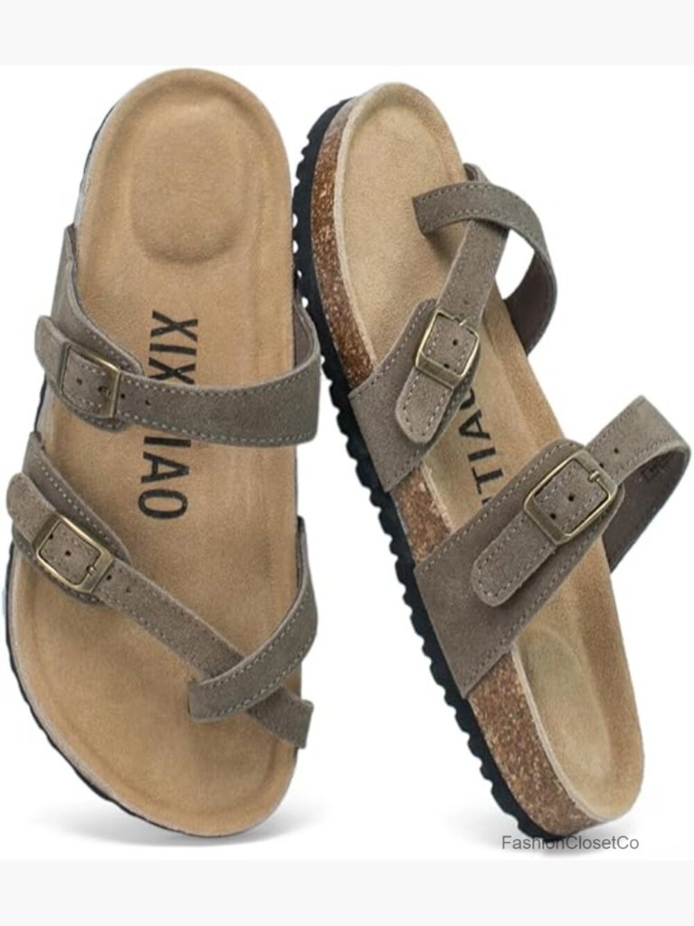 Suede Cross Strap Slide Sandals with Arch Support Cork Footbed Memory Foam